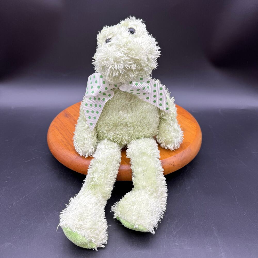 Green frog by The Bearington Collection plush long legs polka dot ribbon bow